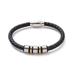Golden & Stainless Steel Color 304 Stainless Steel Column Beaded Bracelet with Magnetic Clasps, Black Leather Braided Cord Punk Wristband for Men Women, Golden & Stainless Steel Color, 8-1/2 inch(21.5cm)