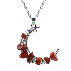 Red Jasper Natural Red Jasper Chips Crescent Moon Pendant Necklace, with Alloy Chains, 20.87 inch(53cm)