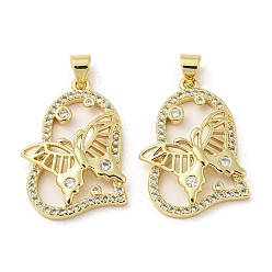 Real 18K Gold Plated Rack Plating Brass Micro Pave Cubic Zirconia Pendants, Long-Lasting Plated, Lead Free & Cadmium Free, Heart with Butterfly Charms, Real 18K Gold Plated, 27.5x19.5x4.5mm, Hole: 5x3mm