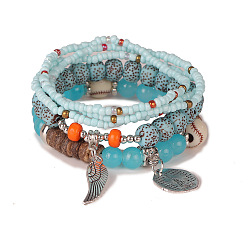 Light blue Bohemian Ethnic Style Bracelet with Wing Pendant and Multi-layer Elastic Beaded Hand Chain for Women Fashion Jewelry