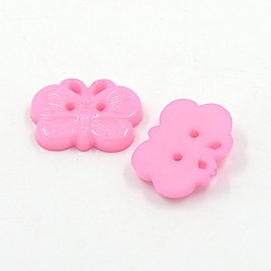 Pink Acrylic Buttons, 2-Hole, Dyed, Butterfly, Pink, 18x14x3mm, Hole: 1mm