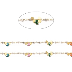Real 18K Gold Plated Colorful Enamel Moon with Evil Eye & Brass Heart Charms Chains, with ABS Plastic Imitation Pearl Beaded Chains, Soldered, with Spool, Real 18K Gold Plated, 12x4mm