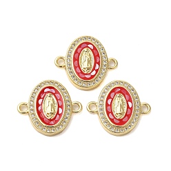 Малиновый Покрытие стойки латунь микро-паве прозрачный кубический цирконий овал с подвесками-коннекторами Девы Марии, с эмалью и ракушкой, реальный 18 k позолоченный, долговечный, без свинца и без кадмия, малиновый, 17x19x3 мм, отверстие : 1.8 мм