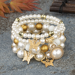 B142-01 Multi-layered Pearl Butterfly Elastic Bracelet for Women - Elegant Pearl Pendant Charm Jewelry