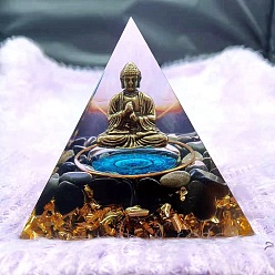 Natural Agate Orgonite Pyramid Resin Display Decorations, with Natural Agate Chips and Buddha Inside, for Home Office Desk, 60x60mm
