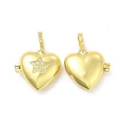 Light Gold Brass Micro Pave Clear Cubic Zirconia Locket Pendants, Heart with Star Charms, Light Gold, 20x21x7.5mm, Hole: 5.5x3mm