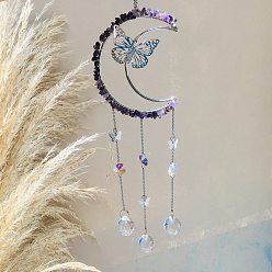 Amethyst Natural Amethyst Chip Wrapped Moon with Butterfly Hanging Ornaments, Glass Teardrop Tassel Suncatchers for Home Outdoor Decoration, 400mm