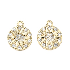 Настоящее золото 18K Латунные микропаве прозрачные кубические циркониевые подвески, плоские круглые подвески в виде солнца, реальный 18 k позолоченный, 12x9.5x2 мм, отверстие : 1.2 мм