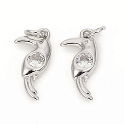 Platinum Brass Micro Pave Cubic Zirconia Charms, with Jump Rings, Bird, Clear, Platinum, 13.5x7x2.3mm, Jump Rings: 4x0.8mm, 2.2mm Inner Diameter