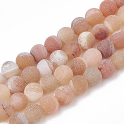 Dark Salmon Dyed Natural Striped Agate/Banded Agate Beads Strands, Frosted, Round, Dark Salmon, 10~10.5mm, Hole: 1.2mm, about 37~40pcs/strand, 14.9~15.1 inch(38~38.5cm)