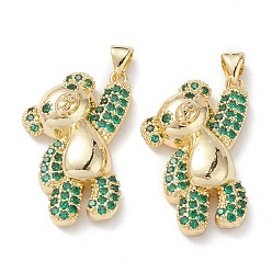 Green Brass Micro Pave Cubic Zirconia Pendants, Real 16K Gold Plated, Bear Charms, Green, 26.5x18x7mm, Hole: 5x3mm.