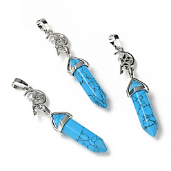 Synthetic Turquoise Synthetic Turquoise Double Terminated Pointed Big Pendants, with Platinum Tone Brass Findings, Cadmium Free & Lead Free, Moon with Fairy & Bullet, Faceted, 62~66mm