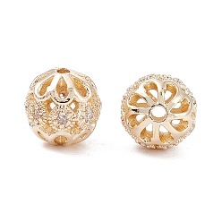 Real 14K Gold Plated Rack Plating Brass Micro Pave Clear Cubic Zirconia Beads, Long-Lasting Plated, Round with Flower, Real 14K Gold Plated, 8mm, Hole: 1.4mm