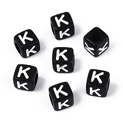 Letter K Начальные акриловые бусины с горизонтальной дырочкой, кубические, чёрные, Письмо K, 6x6x6 мм, отверстие : 3.5 мм, 3330 шт / 500 г