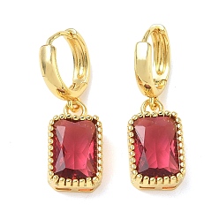 Cerise Brass Glass Dangle Hoop Earrings for Women, Rectangle, Long-Lasting Plated, Rack Plating, Lead Free & Cadmium Free, Golden, Cerise, 32x10mm