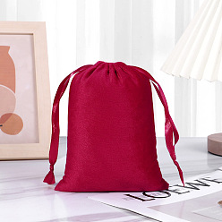 Cerise Velvet Storage Bags, Drawstring Pouches Packaging Bag, Rectangle, Cerise, 10x8cm