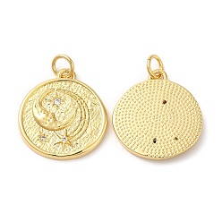 Real 18K Gold Plated Brass Micro Pave Cubic Zirconia Pendants, with Jump Ring, Lead Free & Cadmium Free, Flat Round with Moon & Star, Real 18K Gold Plated, 19x18x2.5mm, Hole: 3mm