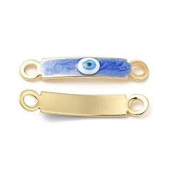 Blue Brass Connector Charms, Curved Rectangle Links with Evil Eye Pattern, with Enamel, Real 18K Gold Plated, Long-Lasting Plated, Blue, 30x5x2mm, Hole: 3mm