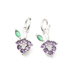 Серебро Латунные микро проложить кубического циркония прелести, винограда прелести, стойки покрытие, долговечный, без свинца и без кадмия, серебряные, 13x8x2.5 мм, отверстие : 4 мм