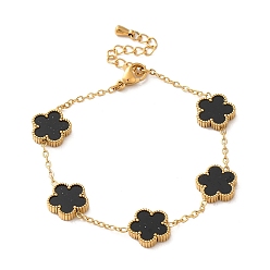 Black Resin Flower Link Chain Bracelet, Golden 304 Stainless Steel Bracelet, Black, 6-1/4 inch(16cm)
