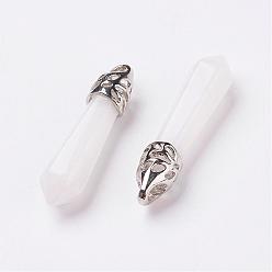 White Jade Natural White Jade Pointed Pendants, with Platinum Tone Alloy Findings, Bullet, 33~40x8~9x8~9mm, Hole: 3x4mm