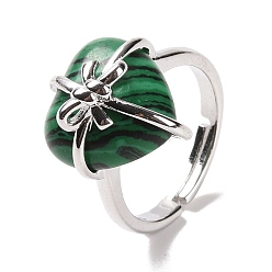 Малахит Сердце из натурального малахита с регулируемым кольцом с бантом, украшения из латунной проволоки для женщин, без кадмия и без свинца, платина, размер США 7 1/4~13 (17.5~22.3 мм)