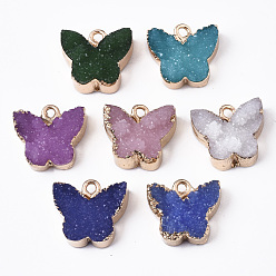 Mixed Color Druzy Resin Pendants, with Edge Light Gold Plated Iron Loops, Butterfly, Mixed Color, 14.5x16x6.5mm, Hole: 1.8mm