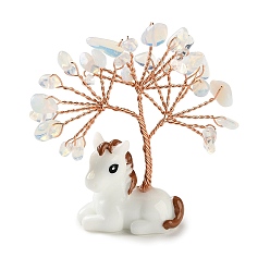 Опал Украшения в виде дерева жизни из кусочков опалита, Подставка для лошади из смолы с медной проволокой, подарок в стиле фэн-шуй для украшения рабочего стола дома или в офисе, 67~73x19.5~20x68~73 мм