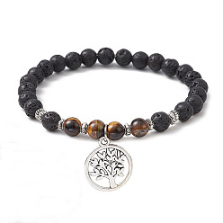 Tiger Eye Natural Lava Rock & Natural Tiger Eye Gemstone Round Beaded Stretch Bracelet, with Alloy Tree of Life Charms, Inner Diameter: 2-1/2 inch(6.5cm)