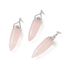 Rose Quartz Natural Rose Quartz Pointed Big Pendants, with Jump Ring, Bullet Charms with Platinum Plated Brass Findings, 51~52x11.7~12.3mm, Hole: 6mm