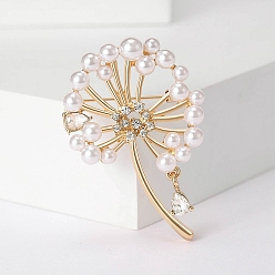 Light Gold Dandelion Alloy Pave Crystal Rhinestone Brooch, with Imitation Pearl, Light Gold, 51x35mm