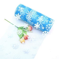 Deep Sky Blue 10 Yards Christmas Polyester Deco Mesh Ribbon, Printed Snowflake Tulle Fabric, for Bowknot Making, Deep Sky Blue, 150mm