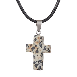 Dalmatian Jasper Natural Dalmatian Jasper Cross Pendant Necklaces, with Imitation Leather Cords, 17.80 inch(45.2cm)