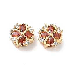 Оранжево-Красный Латунные звенья с инкрустацией кубическим цирконием, цветок, реальный 18 k позолоченный, оранжево-красный, 12.5x12.5x6 мм, отверстие : 1.5 мм