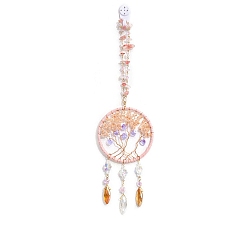 Rose Quartz Natural Rose Quartz Chips Flat Round with Tree of Life Pendant Decorations, with Glass Horse Eye/Heart/Flower Bead, for Home, Car Interior Ornaments, 350mm