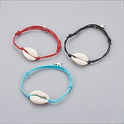 Mixed Color Cowhide Waxed Cotton Cord Bracelets, with Tibetan Style Alloy Charms and Cowrie Shell, Starfish/Sea Stars, Shell, Mixed Color, 1-3/8 inch(3.8cm)~2-3/4 inch(7cm)