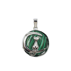 Malachite Synthetic Malachite Pendants, Moon Charms, with Platinum Plated Alloy Cat Shape Findings, 28x24mm
