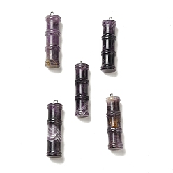 Amethyst Natural Amethyst Pendants, Bamboo Stick Charms, with Stainless Steel Color Tone 304 Stainless Steel Loops, 45x12.5mm, Hole: 2mm