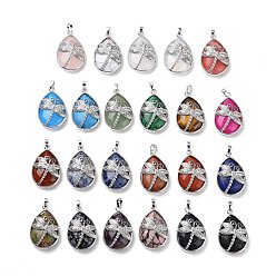 Mixed Stone Natural & Synthetic Gemstone Pendants, with Platinum Tone Brass Findings, Lead Free & Cadmium Free, Teardrop with Dragonfly Charms, Mixed Dyed and Undyed, 40~40.5x26~26.5x9~9.5mm, Hole: 5x7mm