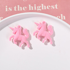 Pink Подвески из флокированной смолы, очарование единорога, розовые, 32x42 мм