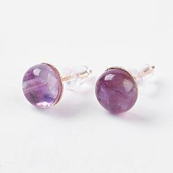 Amethyst Natural Amethyst Ear Studs, with Iron Findings, Half Round, 8x4.5mm, Pin: 0.7mm