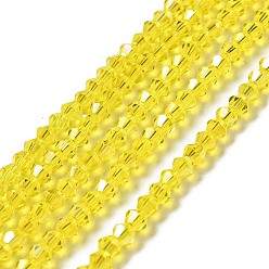 Yellow Transparent Electroplate Glass Beads Strands, AB Color Plated, Faceted Bicone, Yellow, 4.5x4mm, Hole: 0.7mm, about 88~92pcs/strand, 13.50~14.06 inch(34.3~35.7cm)