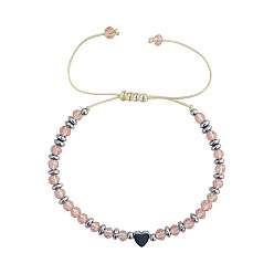 Платина Регулируемые плетеные браслеты из граненого стекла и латунных бусин в форме сердца, платина, внутренний диаметр: 11.02 дюйм (28 см)