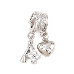 Letter A Латунные микропаве прозрачные подвески с фианитом, сердце прелести, долговечный, стойки покрытие, без кадмия и без свинца, платина, буква a, 23.5 мм, отверстия : 3 mm и 4 мм, Сердце: 8.5x8x3.5 mm, Письмо: 10x9x3.5 мм