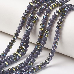 Slate Blue Electroplate Opaque Glass Beads Strands, Half Green Plated, Faceted, Rondelle, Slate Blue, 4x3mm, Hole: 0.4mm, about 130pcs/strand, 16.54 inch(42cm)