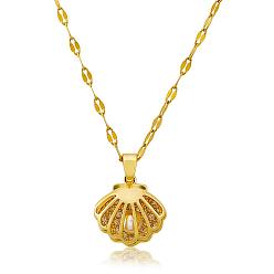 Golden Seashell Pearl Necklace Clear Cubic Zirconia Shell Cage Dangle Necklace Summer Scallop Choker Charm Titanium Steel Jewelry for Women Beach, Golden, 15.75 inch(40cm)