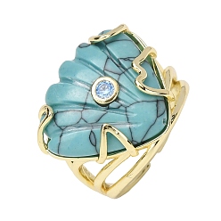 Synthetic Turquoise Synthetic Turquoise Cuff Rings, Shell Shape, Brass Micro Pave Cubic Zirconia Cuff Open Rings, Golden, 24.5mm, US Size 7 1/4(17.5mm)