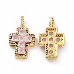 Pearl Pink Brass Micro Pave Clear Cubic Zirconia Pendants, Cross, Religion, Pearl Pink, 24x17x5mm, Hole: 3.5x5~5.5mm
