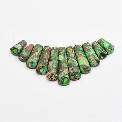 Green Assembled Gold Line and Imperial Jasper Beads Strands, Graduated Fan Pendants, Focal Beads, Dyed, Green, 16~39x9.5~10x5mm, Hole: 1mm, 11pcs/strand, 3.27 inch
