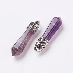Amethyst Natural Amethyst Pointed Pendants, with Platinum Tone Alloy Findings, Bullet, 33~40x8~9x8~9mm, Hole: 3x4mm